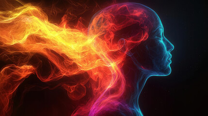 vibrant abstract representation of human silhouette, showcasing flowing colors of orange, red, and blue, symbolizing energy and emotion. ethereal design evokes sense of creativity and inspiration