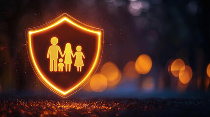 glowing abstract shield icon representing family protection, featuring silhouettes of man, woman, and child. This image conveys sense of safety and security for loved ones