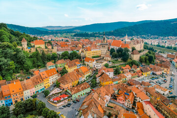 Medieval fortress and fortified citadel of Sighisoara with colorful houses in transylvania.
