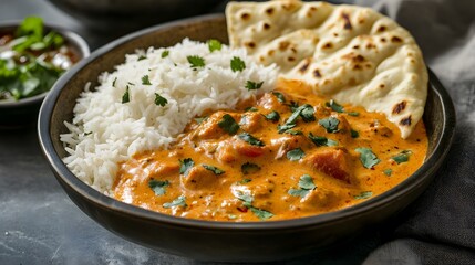 Delicious and creamy korma curry served with fragrant rice and naan