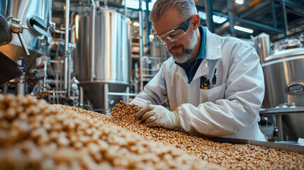 Brewmaster inspecting malt grains in brewery, showcasing meticulous process of brewing. focus on quality and craftsmanship is evident in this vibrant setting
