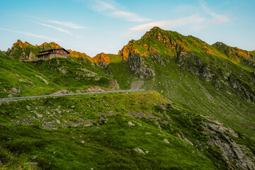 Fagaras mountains with Transfagarasan serpentine road in Sibiu County, Romania. Tansfaragasan road in the carpathian mountains. Top view