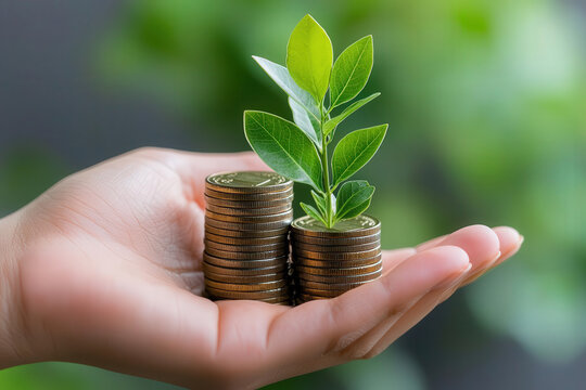 Growing money concept with hand holding coins and small plant sprouting from them, symbolizing investment and financial growth