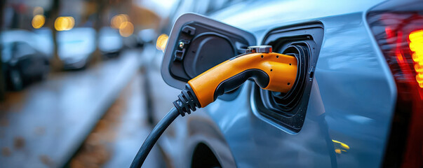 Charging electric vehicle with closeup of charging cable, showcasing modern technology and sustainability. scene captures essence of eco friendly transportation
