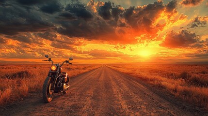 Obraz premium A lone motorcycle rests beside a vast dirt road under a vibrant sunset, capturing the golden hour's beauty with dramatic clouds