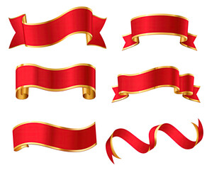 Festive red ribbon banner set, ideal for decorating holiday gifts and birthday celebrations, featuring a transparent background that allows for easy incorporation into various design layouts.