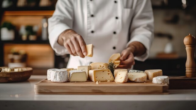 A chef arranges a selection of different types of cheeses on a wooden cutting board.