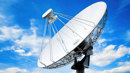 A large white satellite dish points upwards against a clear blue sky with fluffy white clouds.