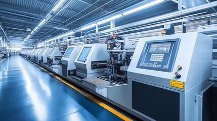 A high-tech factory with automated machines producing precision parts, high-tech factory, automated production process.