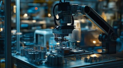 Fototapeta premium A high-tech factory with automated machines producing precision parts, high-tech factory, automated production process.