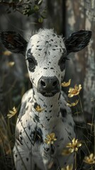 Adorable Black and White Calf with Yellow Flowers