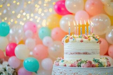 Festive birthday celebration with a beautifully decorated cake with candles and a backdrop of colorful balloons