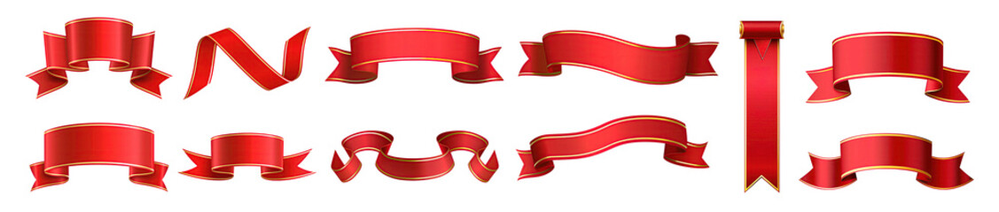 Stylish collection of red ribbon banners, ideal for decorating gifts, birthday celebrations, and Christmas events, featuring a transparent background for seamless integration in designs.