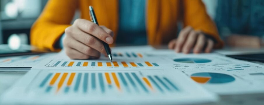 Marketing team strategizing a business plan with digital analytics and forecast charts, vibrant office scene with branded elements and social media icons