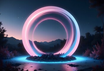 A large glowing pink and blue circular portal or ring floating above a serene lake at sunset, with mountains in the background, under clear skies and gentle waves 
