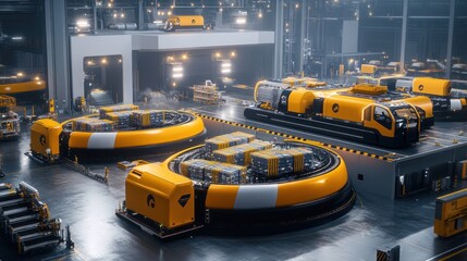 Automated warehouse with yellow robots and packages.