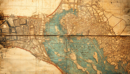 Obraz premium Antique maps of old cities or unexplored territories, with faded colors and intricate details, giving a historic and adventurous vibe.