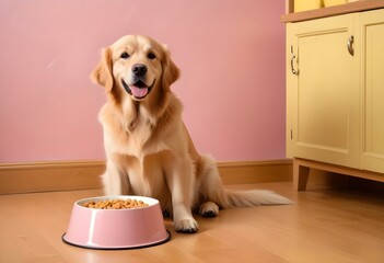 A golden retriever dog sitting next to a pink dog bowl filled with dog food on a wooden floor in front of a pink wall
