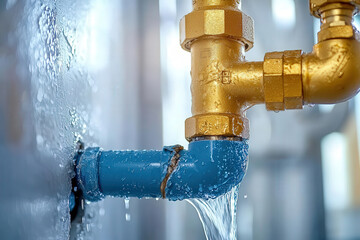 Water is leaking from damaged blue pipe connected to shiny gold valve, showcasing plumbing issues. image highlights importance of timely repairs to prevent water damage