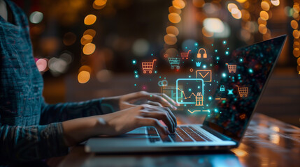 A woman’s hand holds a laptop displaying online shopping icons, symbolizing digital retail, e-commerce, and the convenience of technology-driven shopping experiences.

