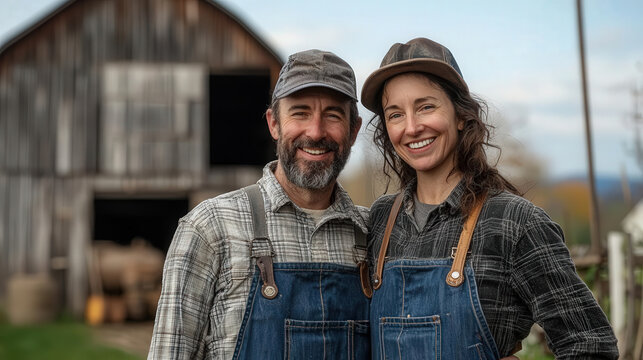 cheerful farmer couple stands proudly in front of their rustic barn, showcasing their dedication to agriculture and rural life. Their smiles reflect joy of farming