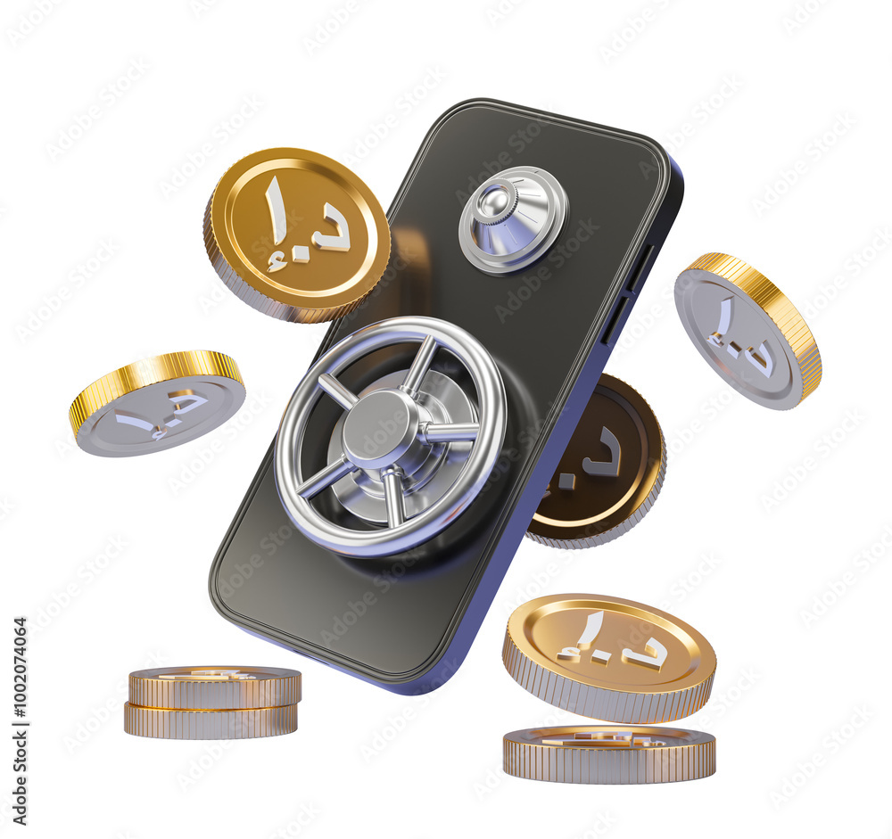 Poster mobile phone with a vault lock surrounded by gold coins. 3d rendering isolated on a white background