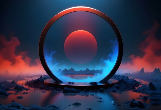 A large red sun or orb rising over a mountainous landscape with a body of water in the foreground, framed by a circular ring or portal against a dark blue and orange sky 