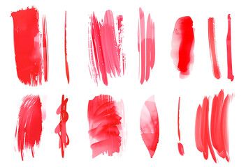 Set of beautiful watercolor strokes in shades of red and pink, perfect for creating elegant cosmetic banners and artistic designs on a transparent background.