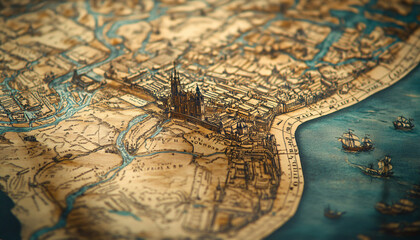 Naklejka premium Antique maps of old cities or unexplored territories, with faded colors and intricate details, giving a historic and adventurous vibe.