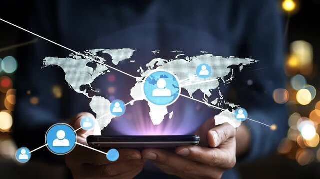 A person holding a smartphone with a world map and icons representing social media connections. The image represents global connectivity, networking, and social media.