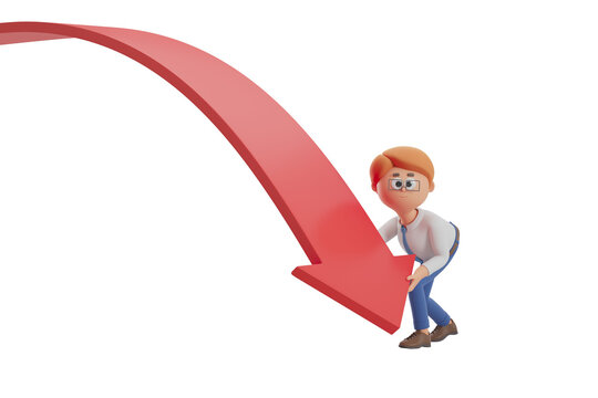 A 3D character holding a large red downward arrow, isolated on a white background. Concept of decline or decrease. 3D Rendering