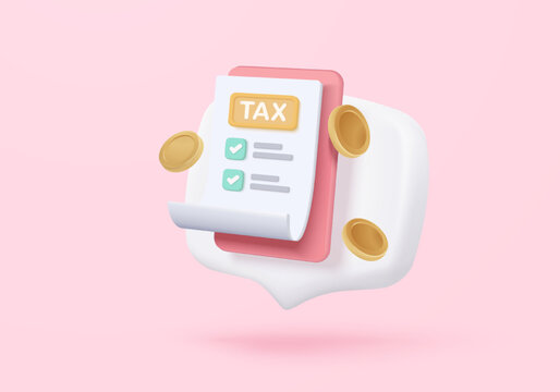 3d tax statistic and wealth management on clipboard checklist. Composition report with financial annual accounting, calculate risk and plan pay invoice. 3d tax strategy vector icon render illustration