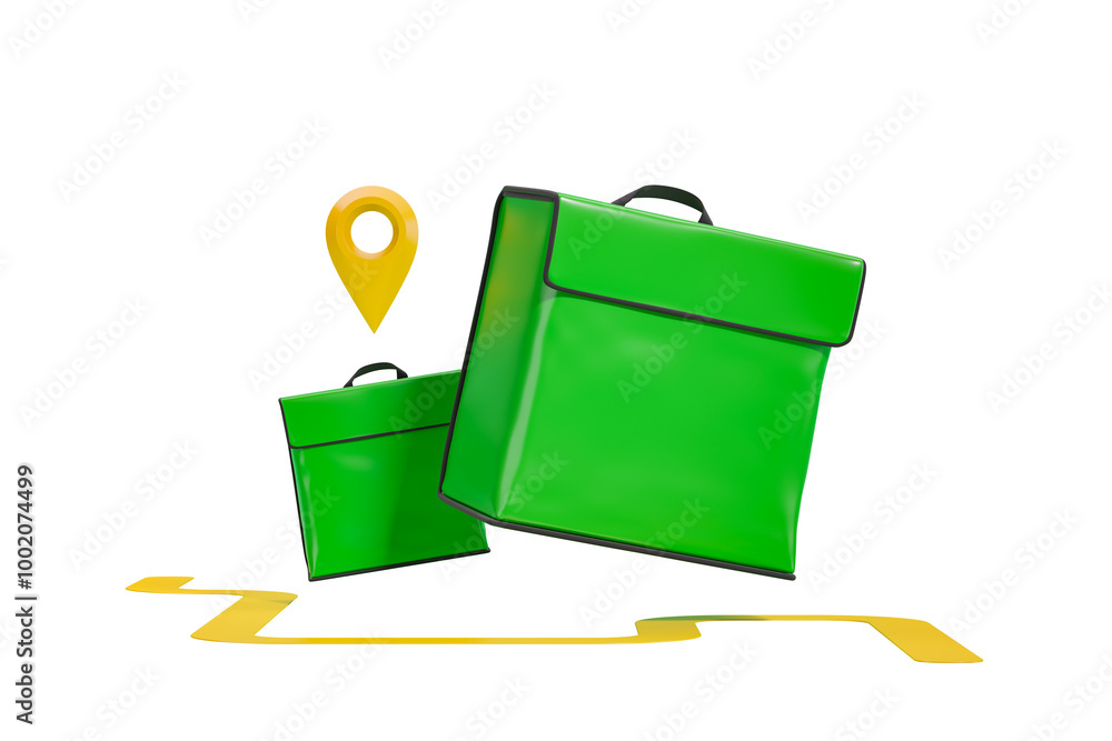 Poster two green delivery bags with a yellow location icon and path on a clean white background. concept of