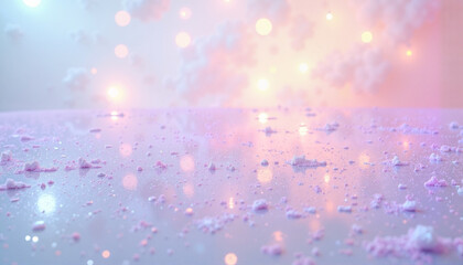 Fototapeta premium Soft pastel lighting and floating particles in an ethereal atmosphere, pink and light blue tones with copy space