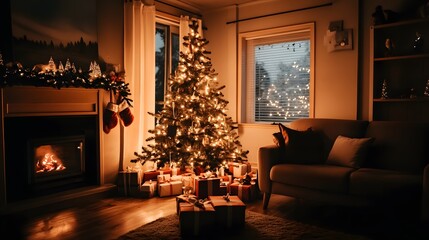 Cozy living room with a glowing Christmas tree, a warm fireplace, and beautifully wrapped gifts under the tree, evoking a classic holiday feel. The scene captures the warmth and joy of the Christmas