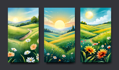 Set of cards with illustration of autumn and spring landscape with a wish of a good day, water color painting style, banner and template design.