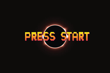Press start. Pixel art background. 8 bit game. retro game. for game assets in vector illustrations. Retro Futurism Sci-Fi Background. glowing neon grid. and stars from vintage arcade comp