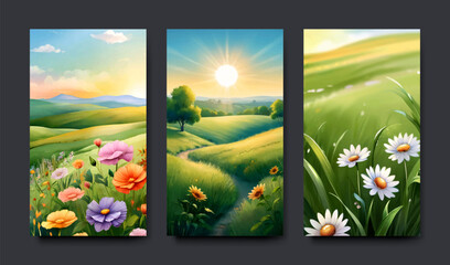 Set of cards with illustration of autumn and spring landscape with a wish of a good day, water color painting style, banner and template design.