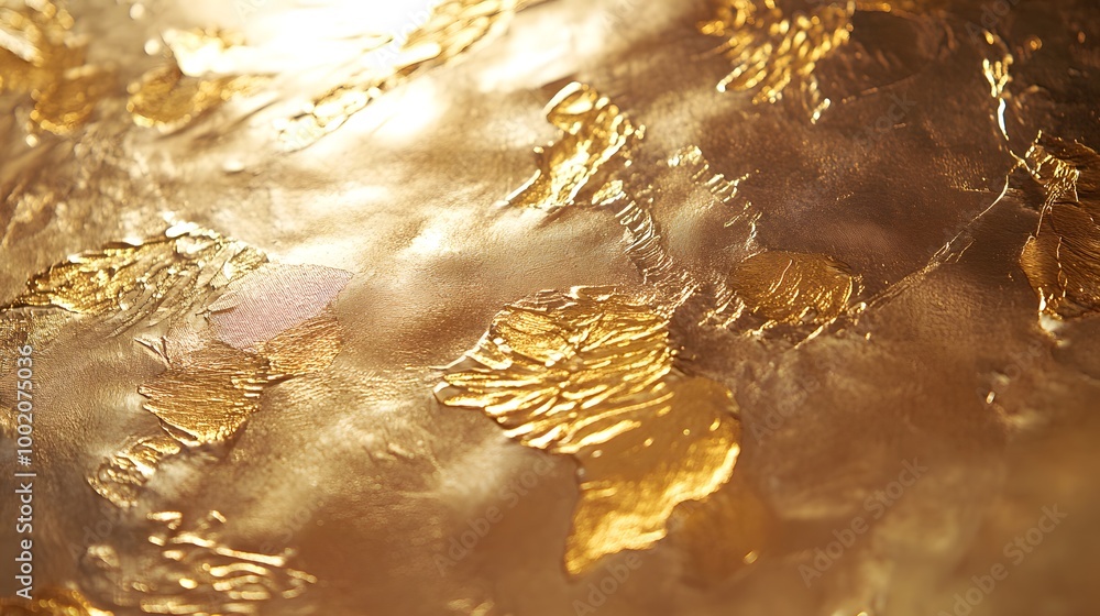 Poster a close-up view of shimmering gold leaf, showcasing its glossy texture and intricate patterns agains