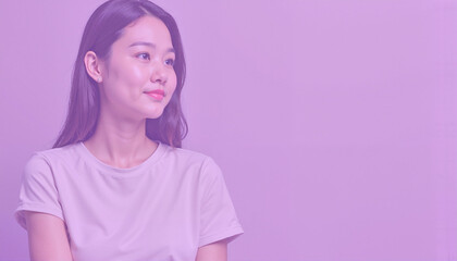 Fototapeta premium Thoughtful woman in purple monochrome filter with copy space, pastel tones