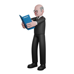 3D Male Judge Judicial Illustration. A male judge is seen standing while reading a blue cover book held in both hands. Professional