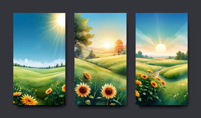 Set of cards with illustration of autumn and spring landscape with a wish of a good day, water color painting style, banner and template design.