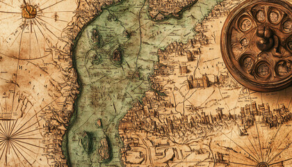Fototapeta premium Antique maps of old cities or unexplored territories, with faded colors and intricate details, giving a historic and adventurous vibe.