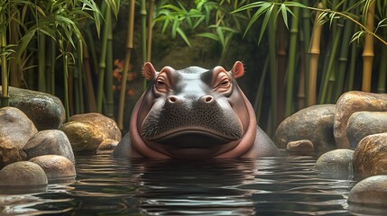 Fototapeta premium A serene hippo emerges from calm waters, surrounded by lush bamboo and smooth rocks, creating a tranquil natural scene.