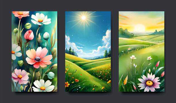 Set of cards with illustration of autumn and spring landscape with a wish of a good day, water color painting style, banner and template design.