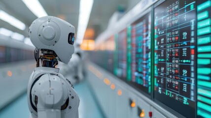Fototapeta premium Automated robotic arms performing quality control checks on assembly line products, digital interface displaying compliance with industry standards in the background
