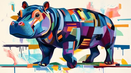 Fototapeta premium A colorful, abstract depiction of a hippo, featuring vibrant patterns and bold colors in a playful artistic style.