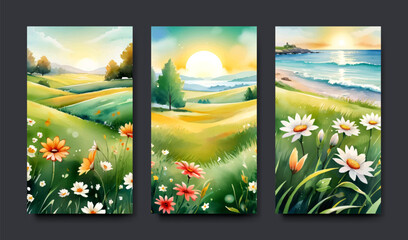Set of cards with illustration of autumn and spring landscape with a wish of a good day, water color painting style, banner and template design.