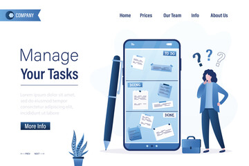 Manage your tasks, landing page template. Female employee adds new note in mobile app on display. Project management, businesswoman thinking and planning office day in cellphone