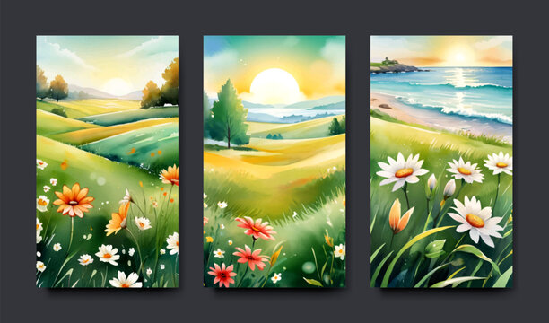 Set of cards with illustration of autumn and spring landscape with a wish of a good day, water color painting style, banner and template design.